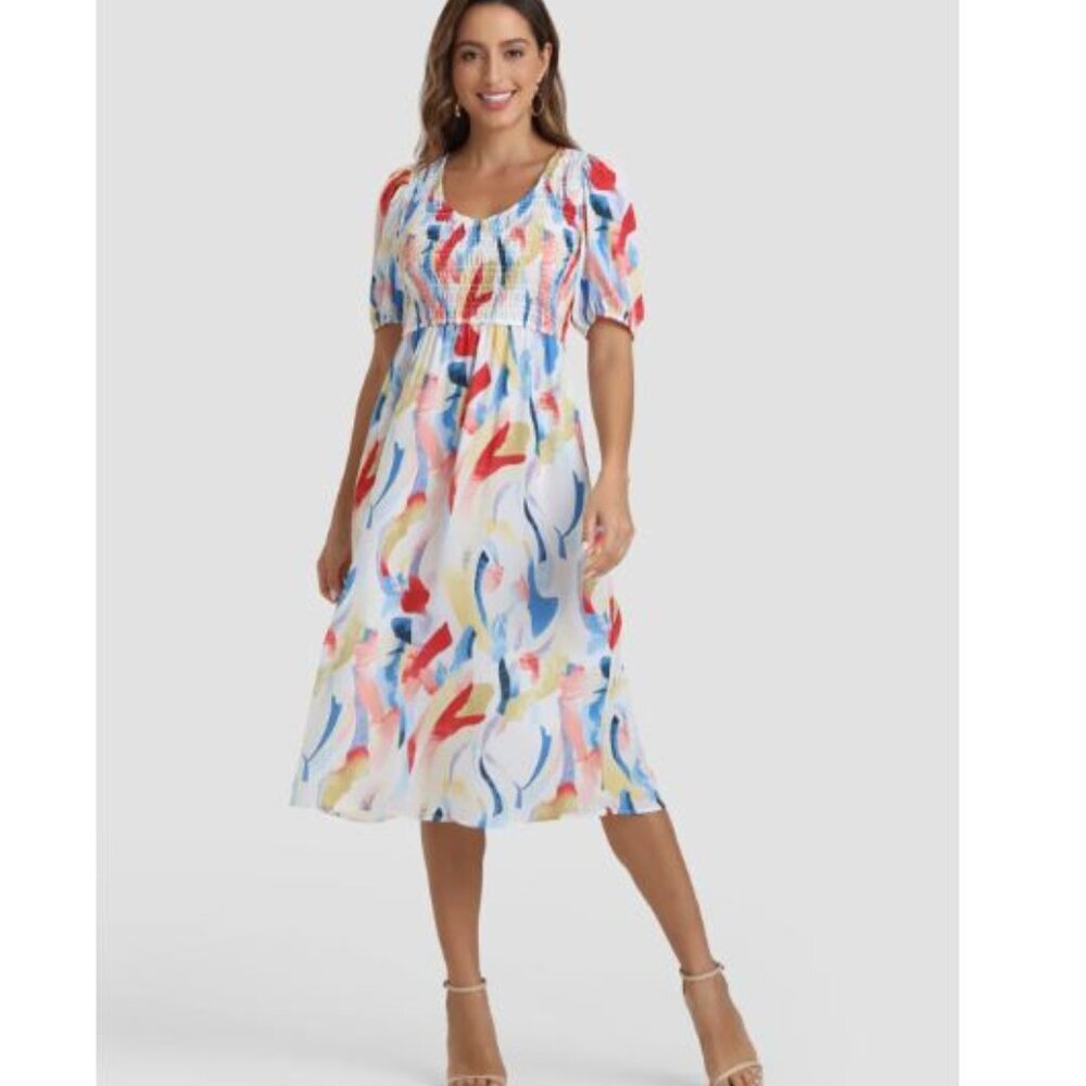 89th & Madison NWT Rainbow Print Smocked Midi Dress Women's Size S
